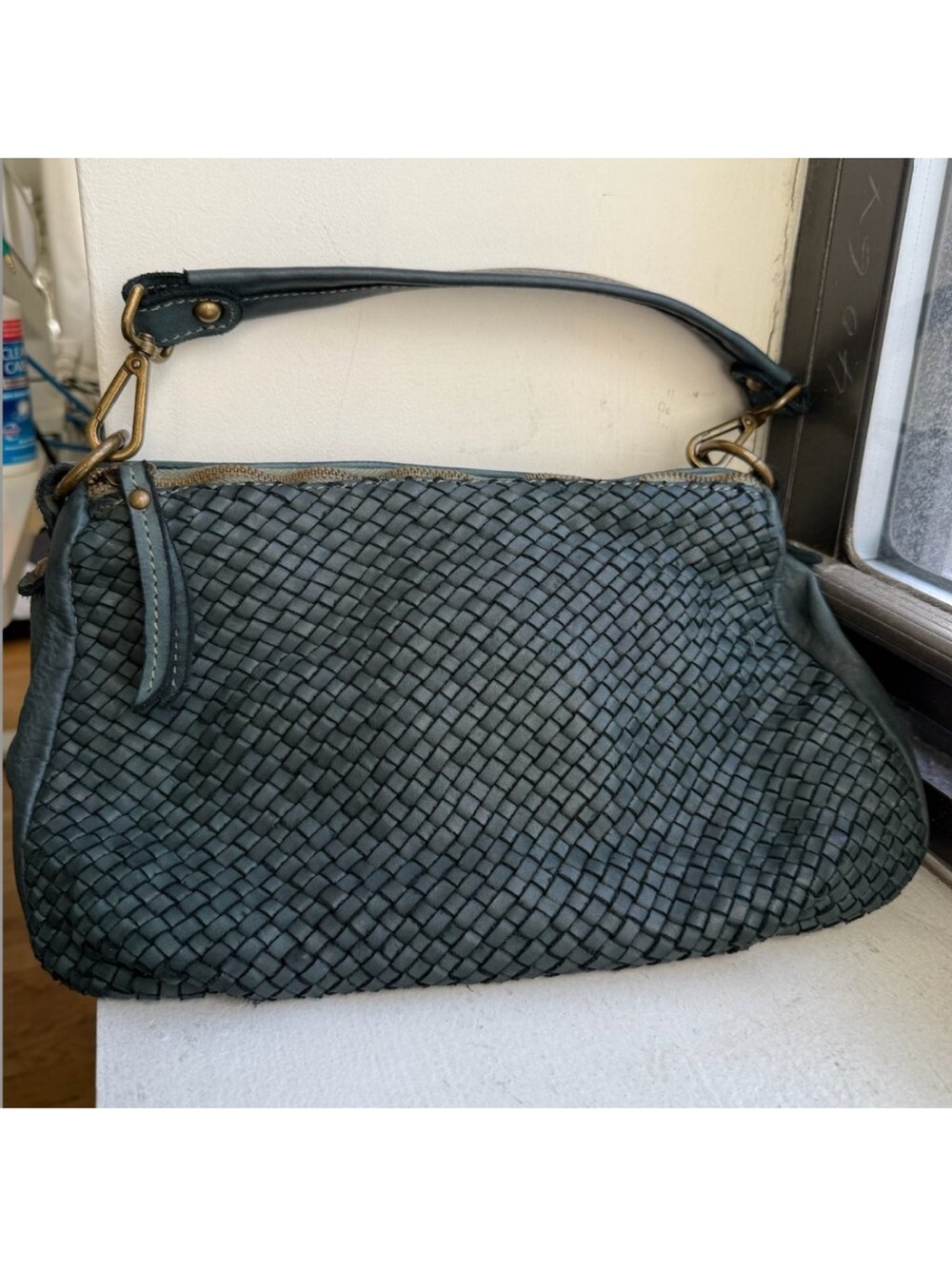 Woven Teal Shoulder Bag (Made in Italy)